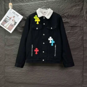 Veste en denim Chrome Hearts avec col blanc et Cross Patches
